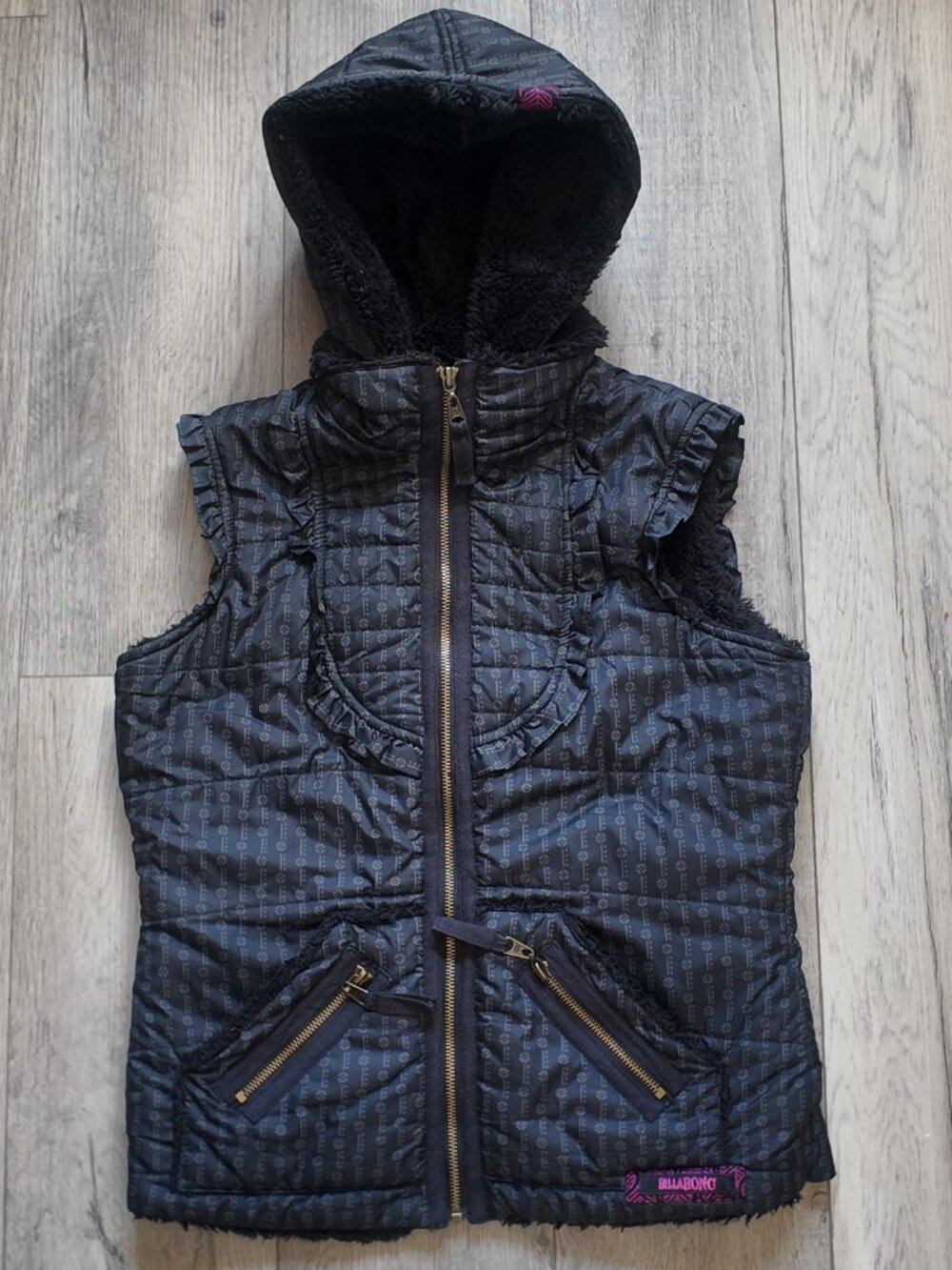 Billabong Y2K Hooded Puffer Vest Sherpa Lined Ruffle Black Grey Medium M Retro